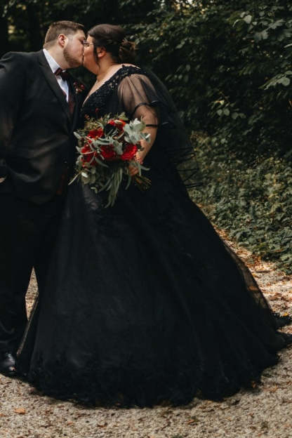 Black V-Neck A-Line Tulle Plus Size Wedding Dresses