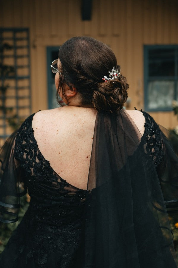 Black V-Neck A-Line Tulle Plus Size Wedding Dresses
