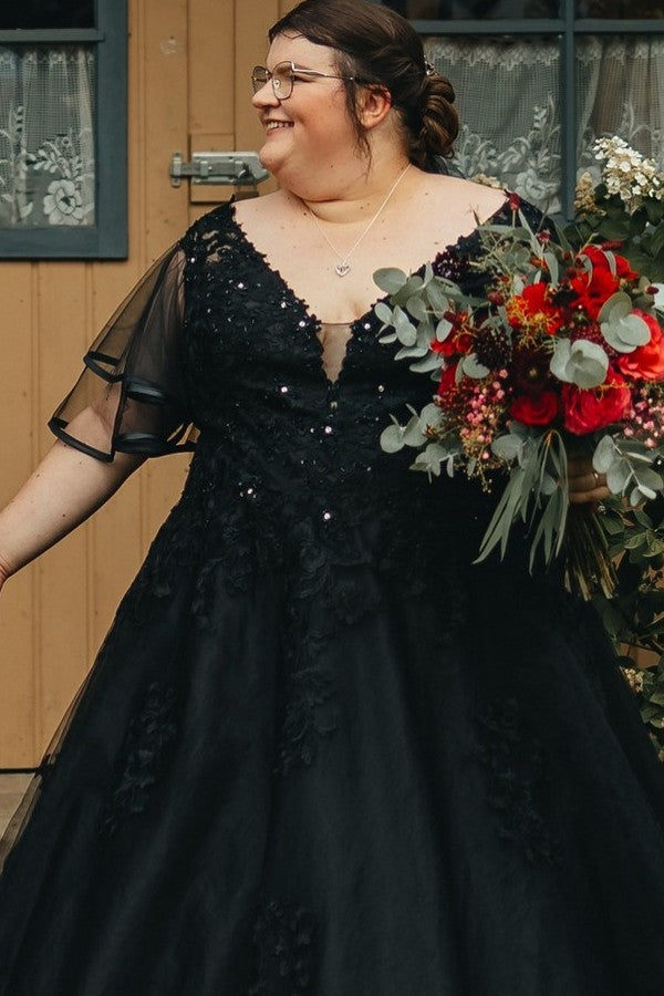 Black V-Neck A-Line Tulle Plus Size Wedding Dresses