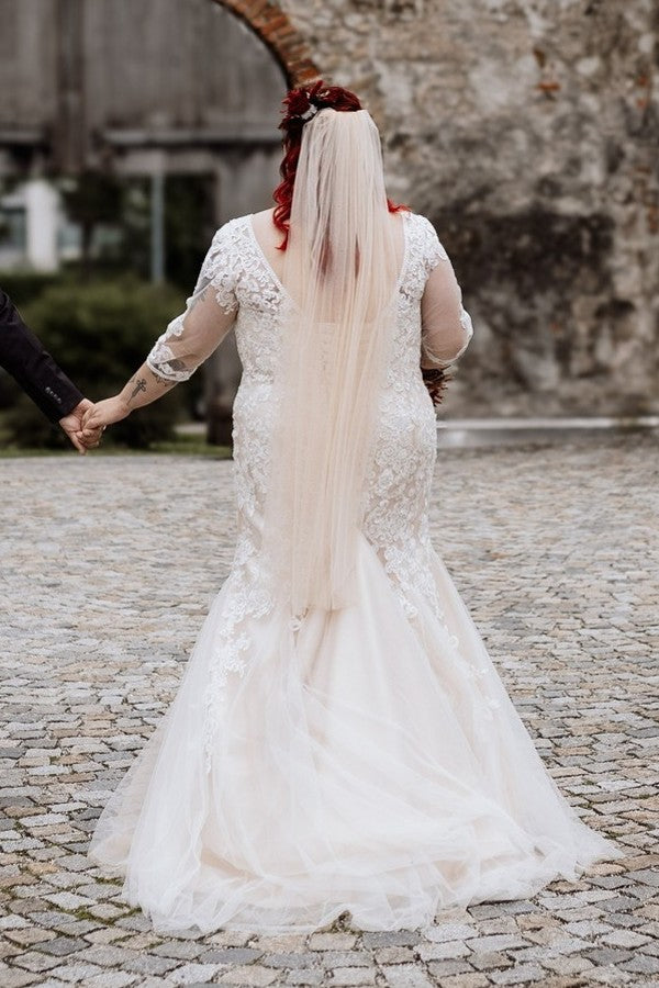 V-Neck Long Sleeves Mermaid Plus Size Lace Wedding Dresses