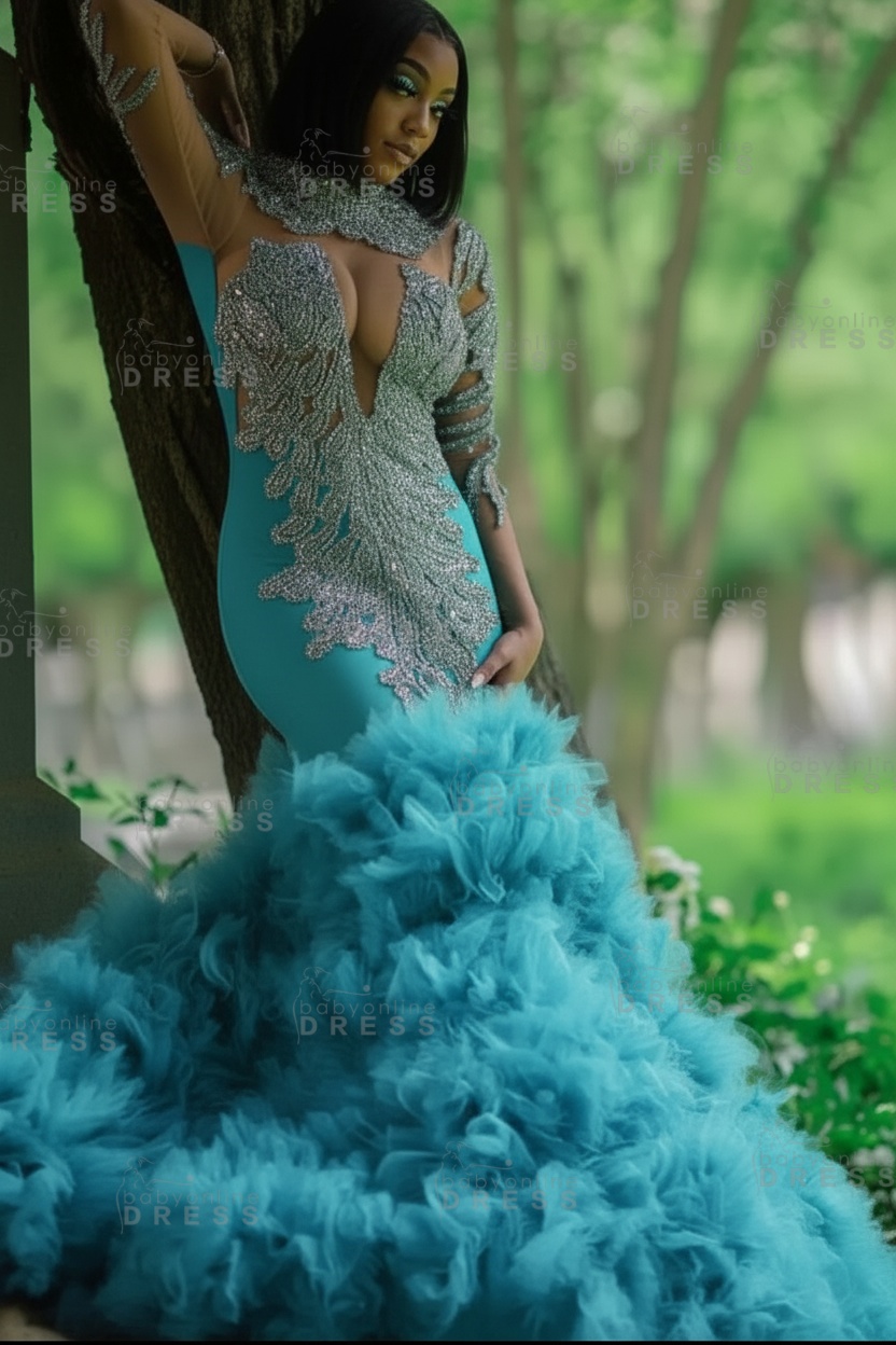 Glamorous Slim Mermaid Evening Gowns with sleeves Beadings Prom Dress