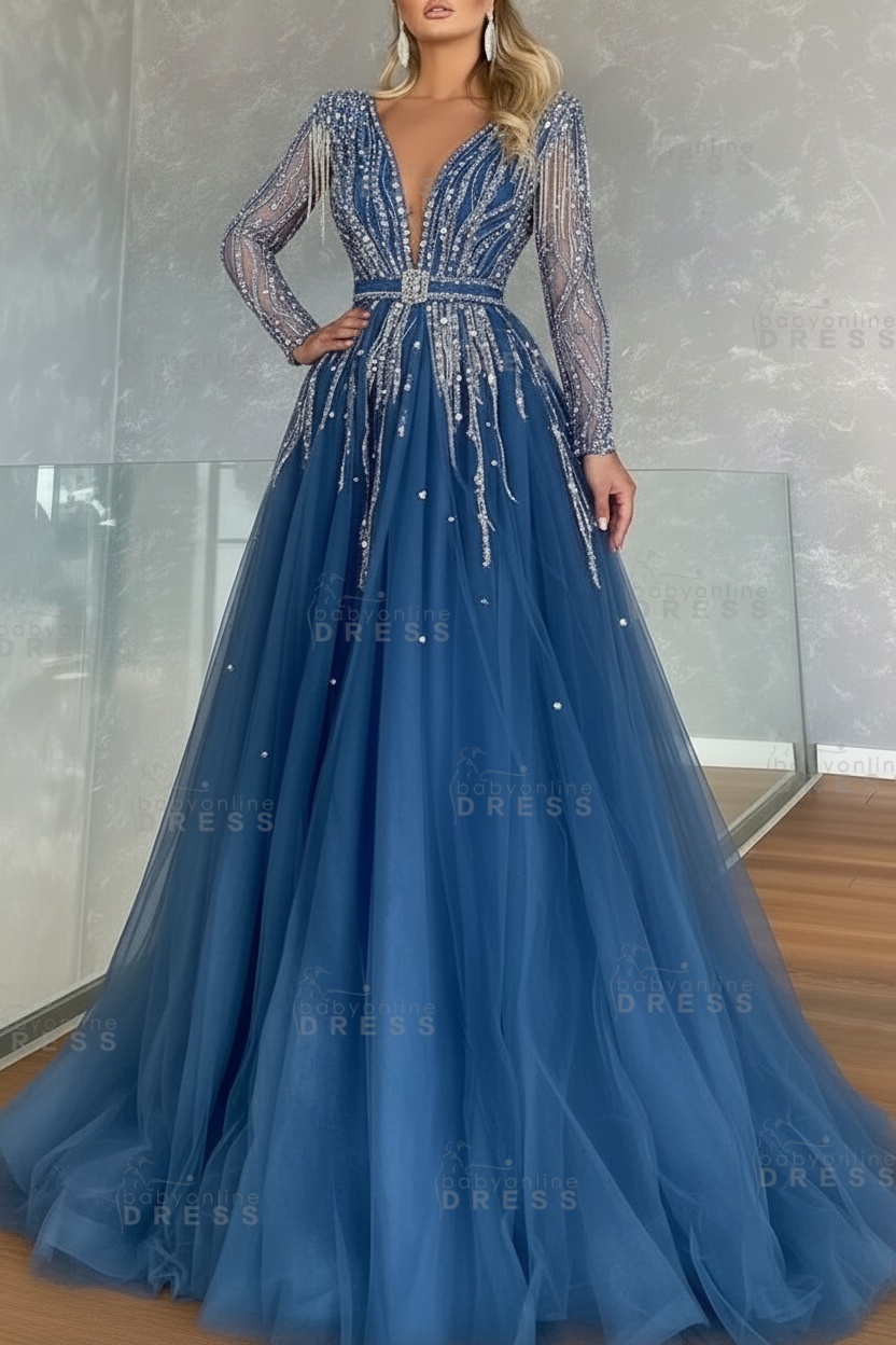 Long Sleeves V-neck Ball Gown A-line Prom Dress with Beadings