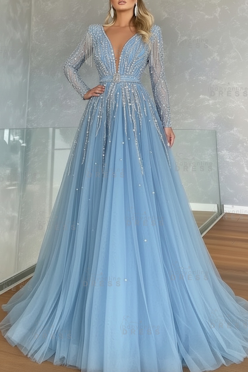 Long Sleeves V-neck Ball Gown A-line Prom Dress with Beadings