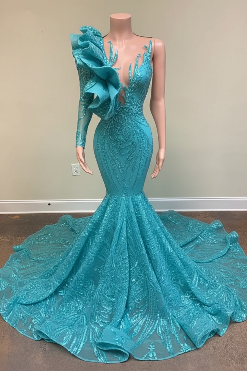 Chic Black Long Sleeve Asymmetrical Floor Length Mermaid Prom Dress