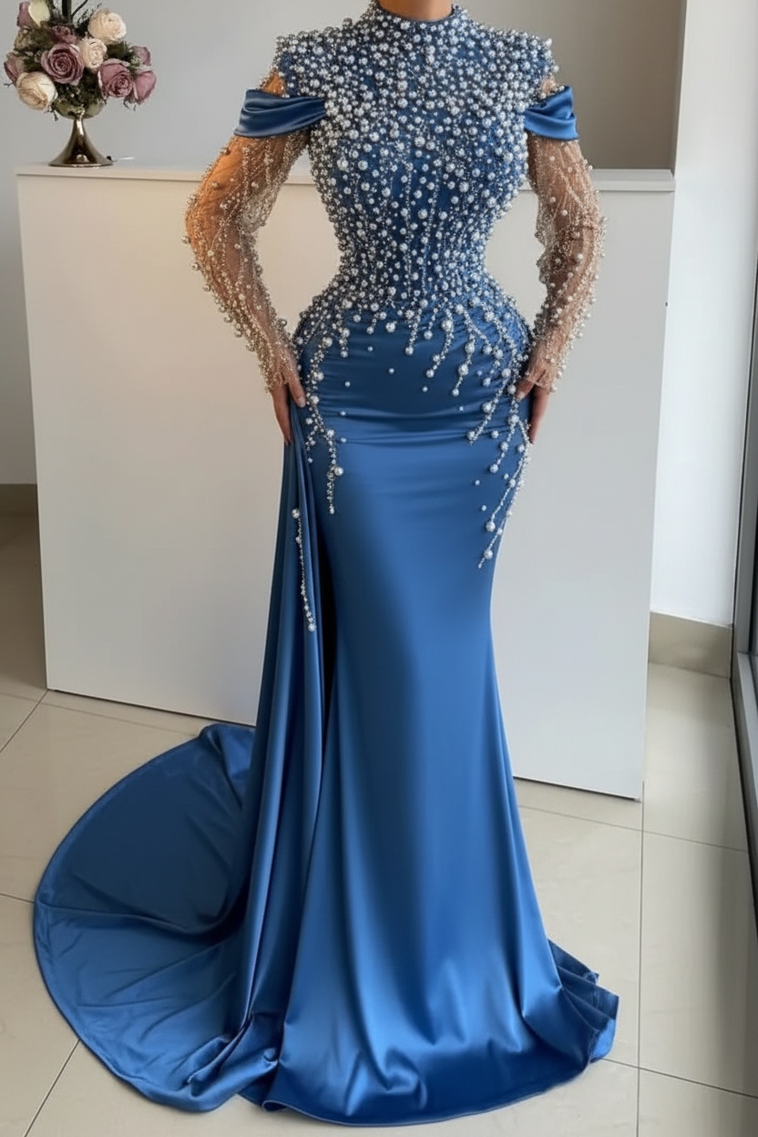Unique High Neck Beading Long Sleeve Mermaid Prom Dresses