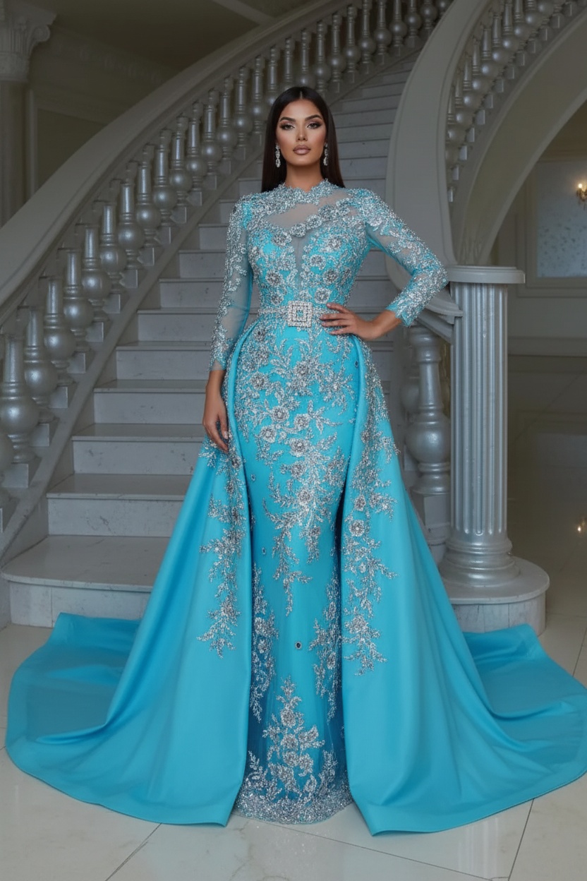 Blushing pink Long sleeves Overskirt Lace Prom Dresses