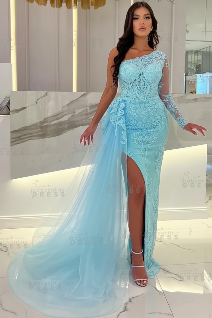 Sexy Sky blue One-shoulder Mermaid Prom Dress Tulle with High split