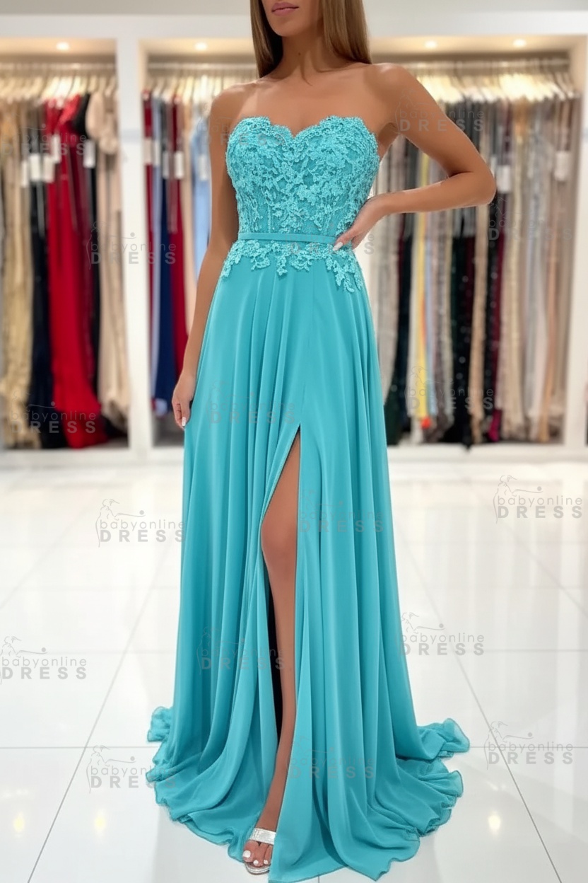 Sweetheart Strapless A-Line Chiffon Floor Length High Split Prom Dress