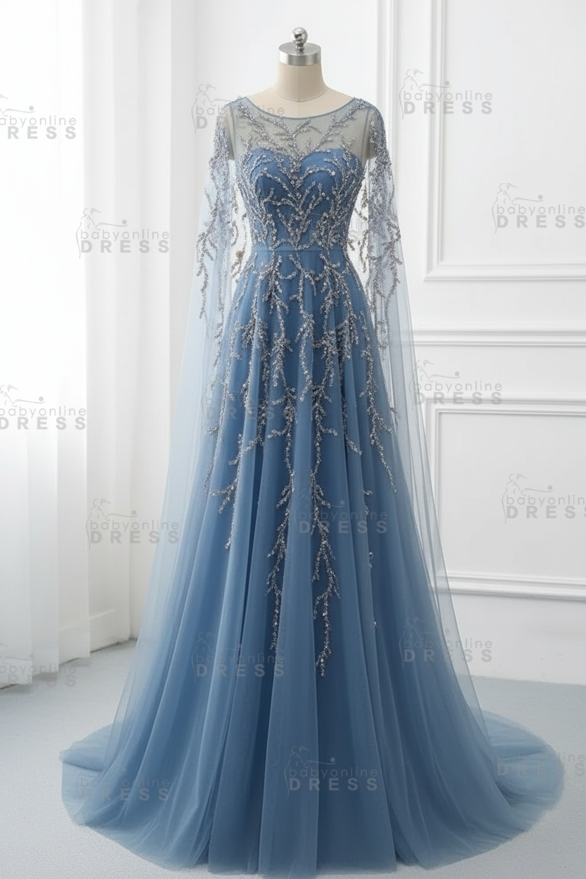 Elegant Jewel Long Sleeves Ruffle Prom Dresses with Beadings Online