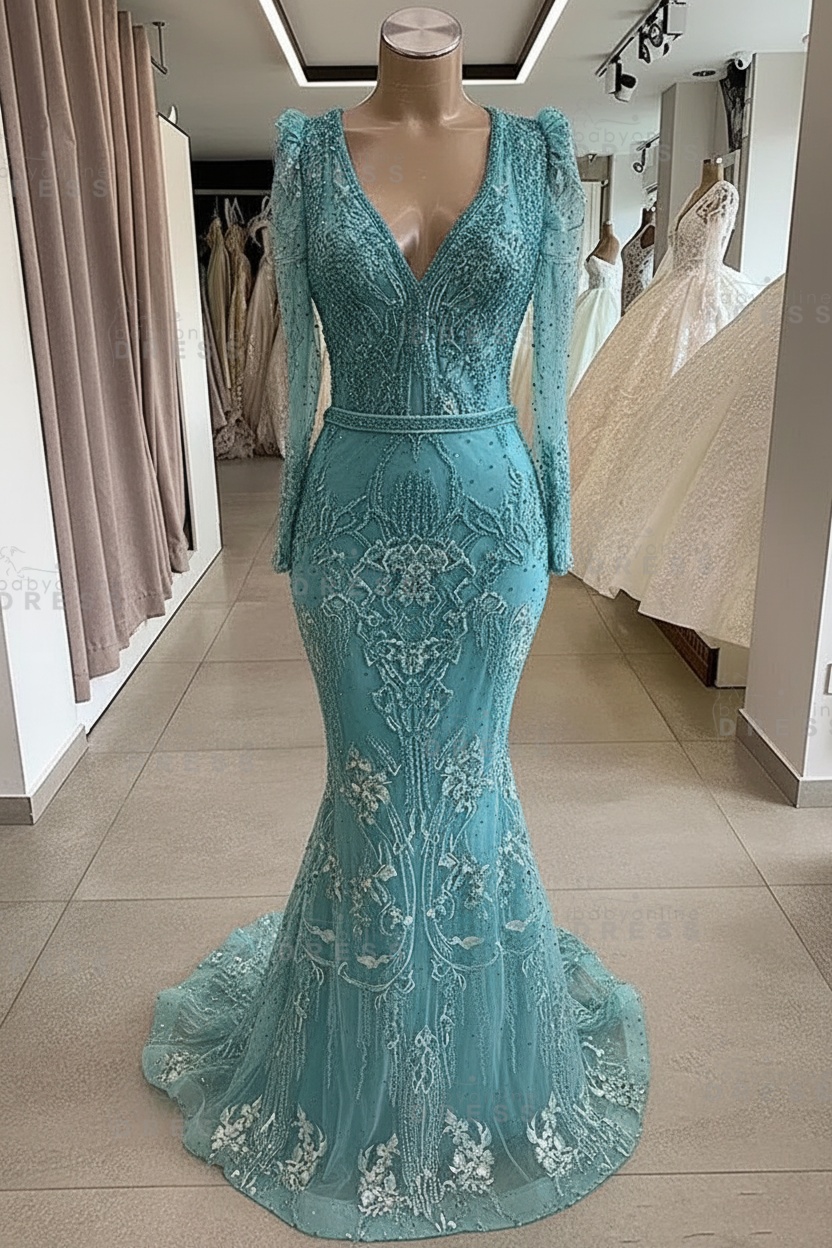 Gorgeous Mermaid Lace Beading V Neck Long Sleeves Prom Dresses | Evening Gowns With Beading Waistband