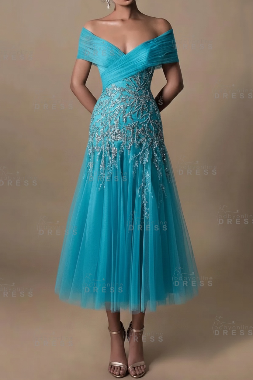 Champagne V-Neck A-Line Tea Length Prom Dress Tulle Mother of the Bride Dress