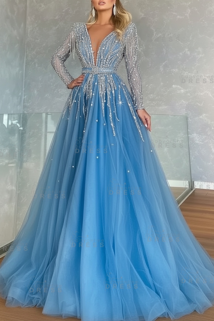 Long Sleeves V-neck Ball Gown A-line Prom Dress with Beadings