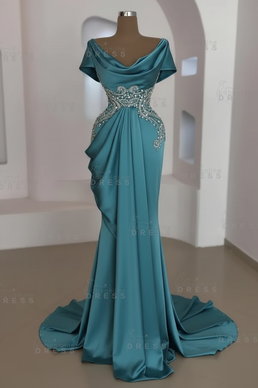 Short sleeves Mermaid Round neck Gray Prom Dresses