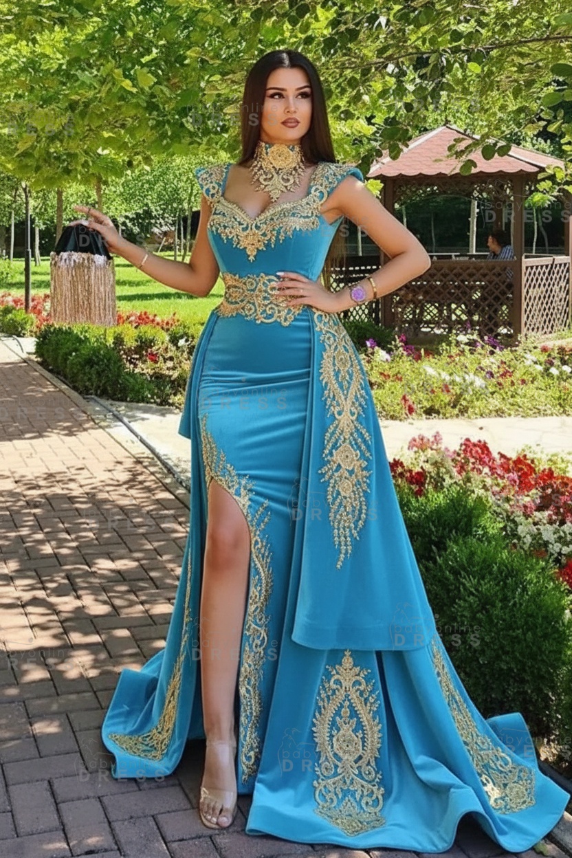 Dark Green Velvet Mermaid Evening Dress with Gold Lace appliques