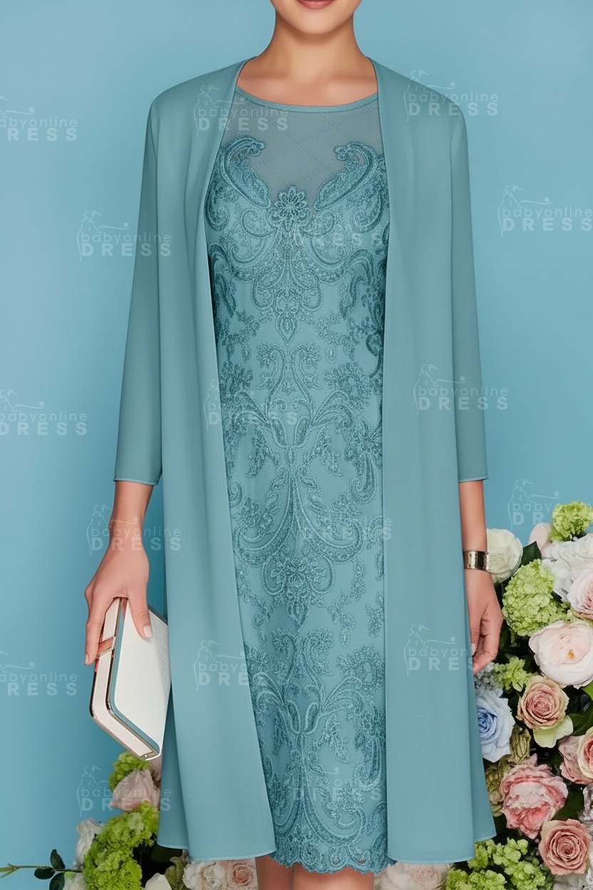 Scoop Neck Two Piece of Mermaid Slim Mother of the Bride Dress Chiffon 3/4 Sleeves Wedding Guest Outfits