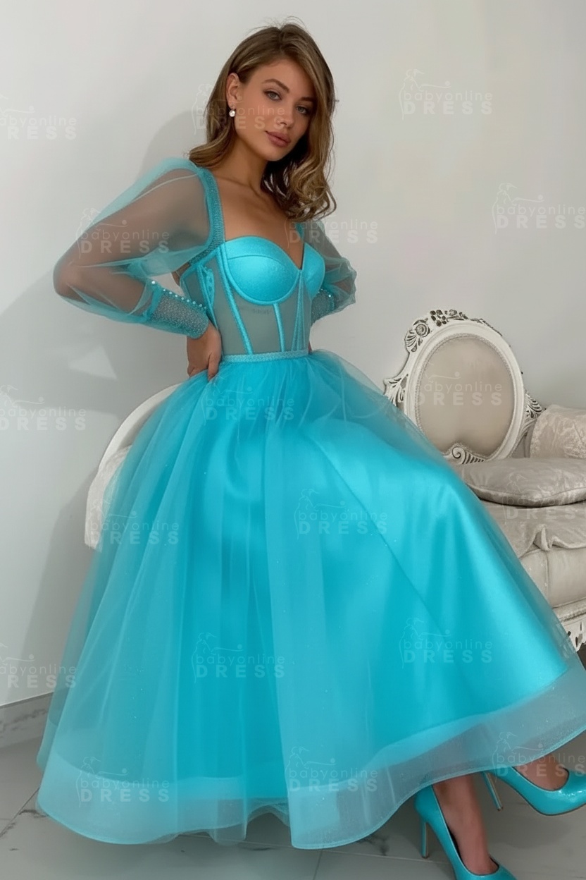 Long sleeves Pink See through Tulle Homecoming Dresses Aline
