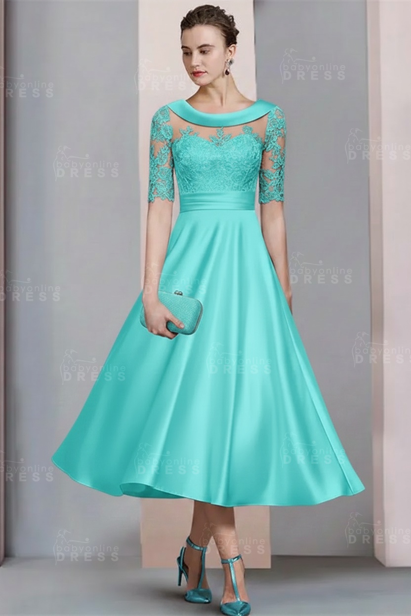 Elegant Ivory Jewel Lace Beading A-Line Tea Length Satin Wedding Guest Dress Formal Mother Dress
