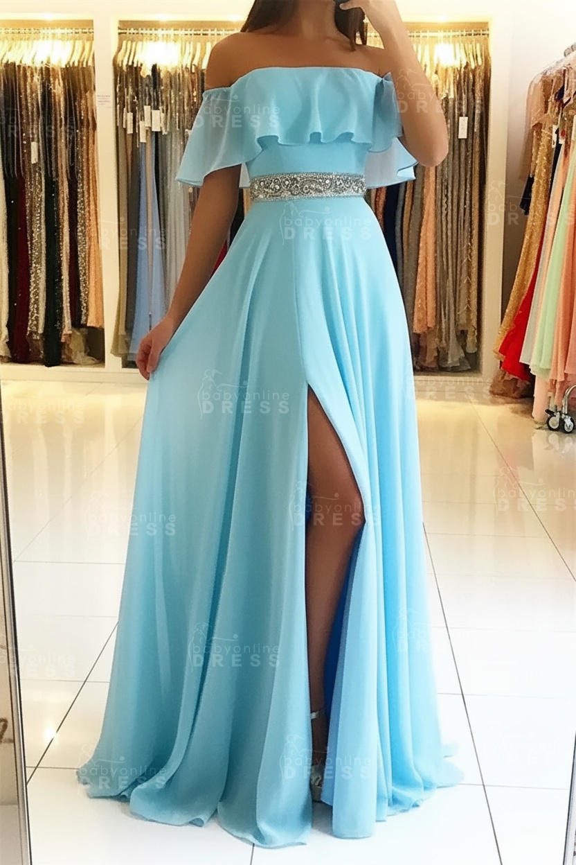 Sky Blue Off The Shoulder Evening Dresses Sexy | Chiffon Side Slit Prom Dress with Crystals Belt