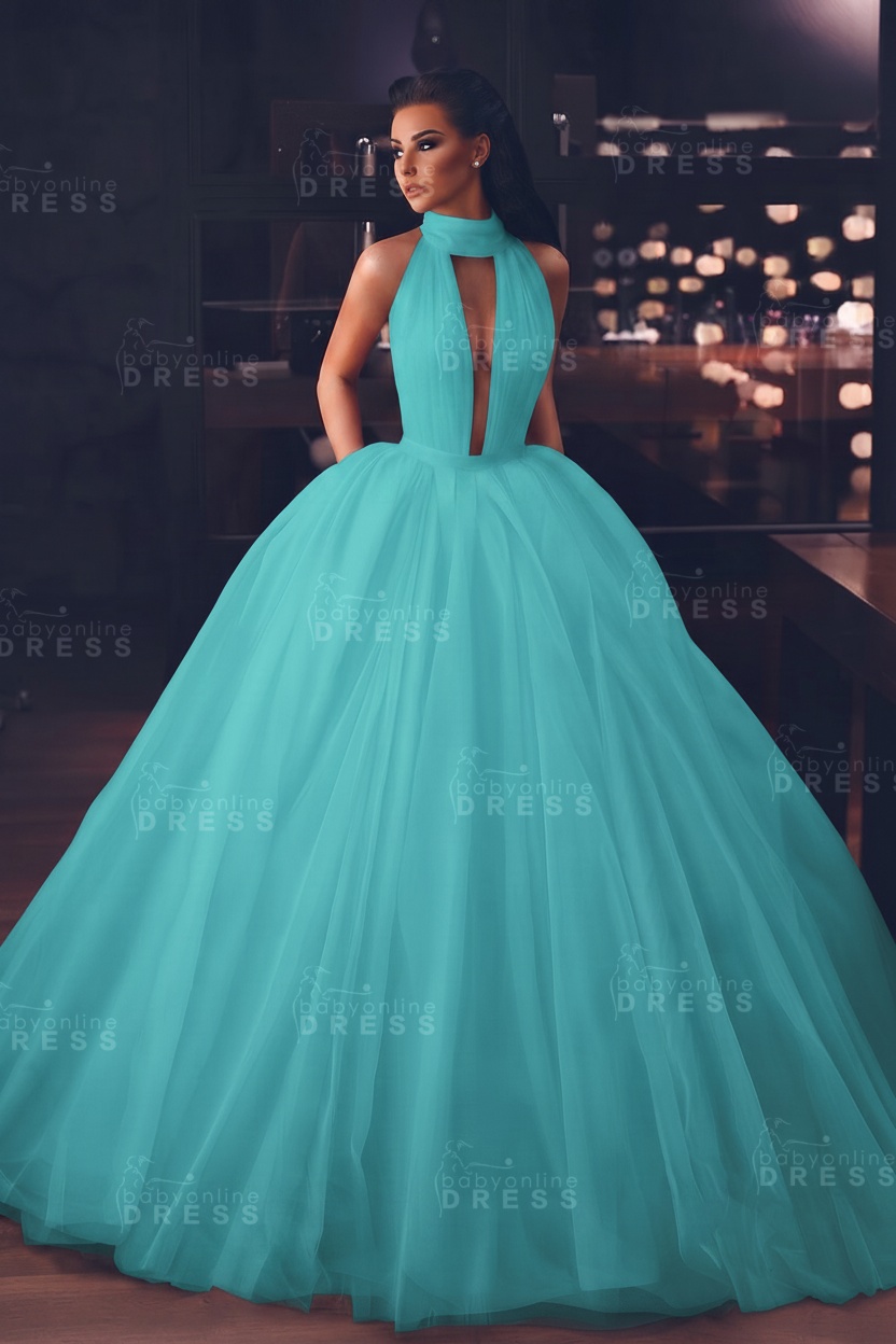 Sexy High-Neck Sleeveless Ball Gown Evening Dress with Pockets
