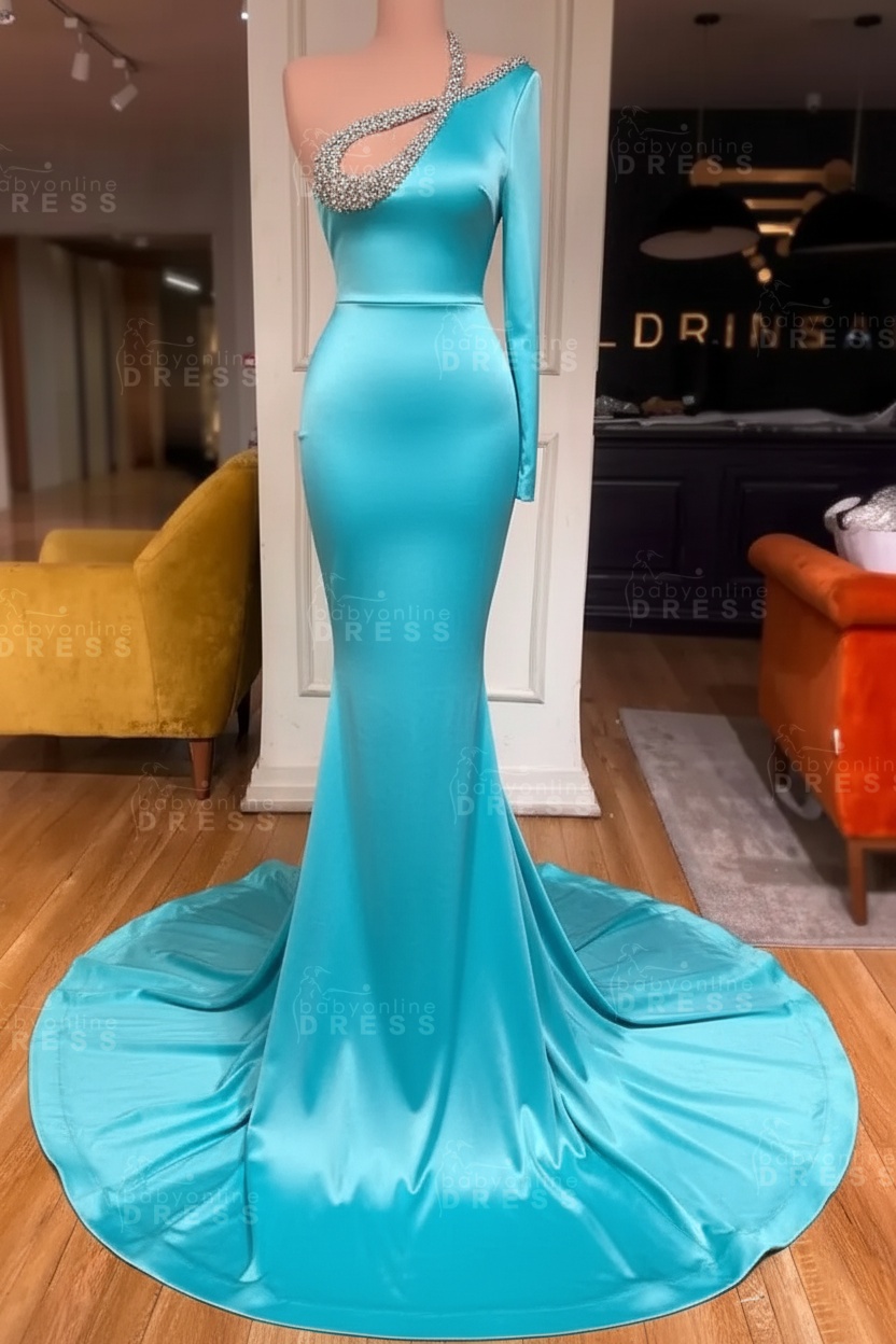 Long sleeves Beaded neckline Black Mermaid Prom Dresses