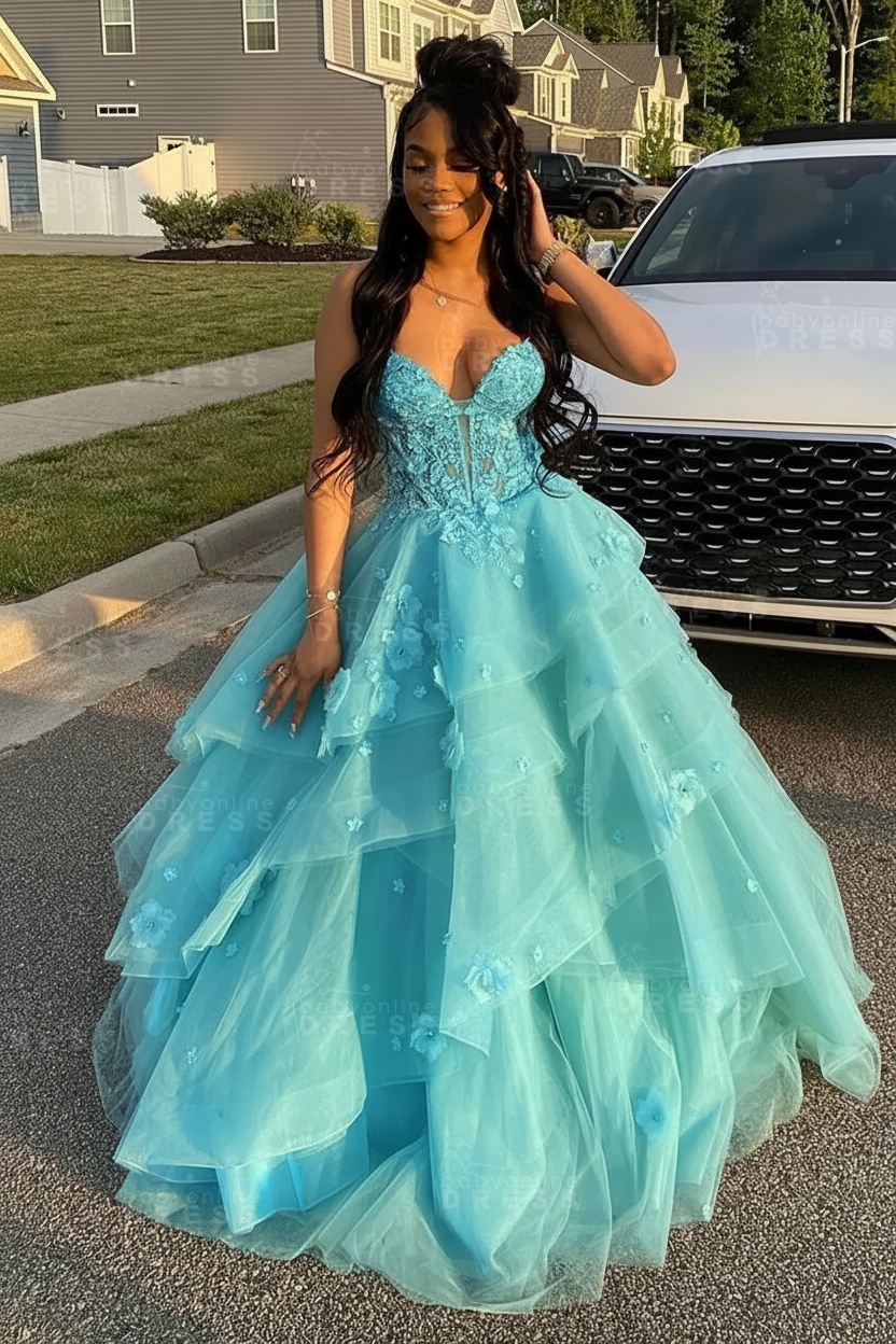 Sleeveless V-Neck Tulle Aline Prom Dress Floral Tiered Ruffles Corset Evening Dress