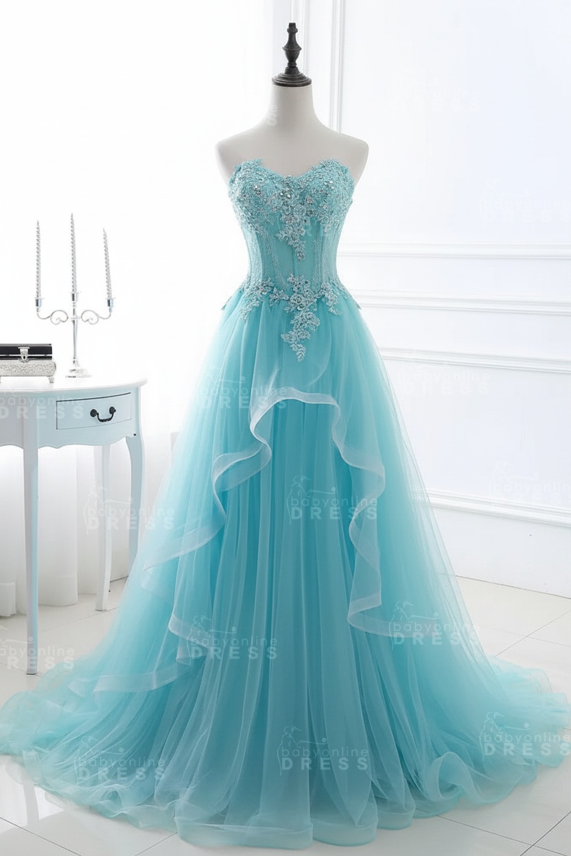 CHARLIZE |Ball Gown Sweetheart Tulle Sky Blue Prom Dress with Sequins BM0422