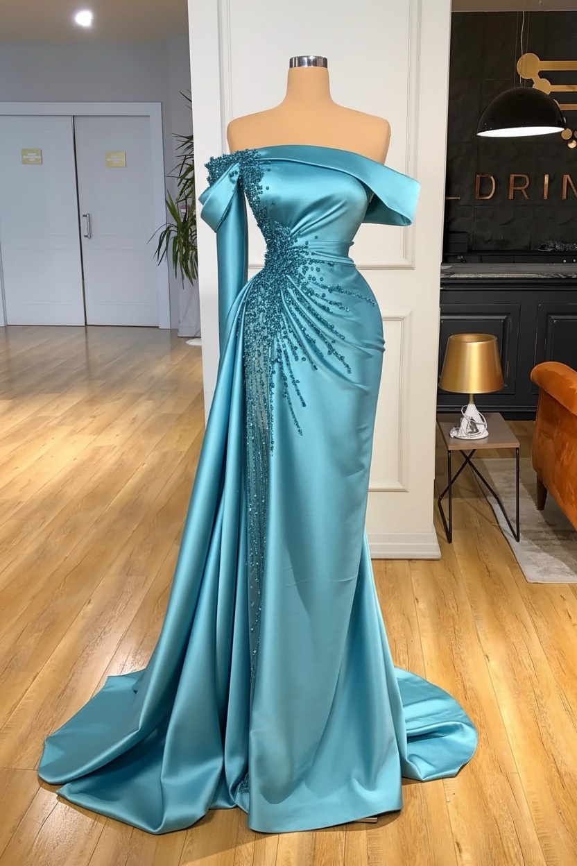 Off-the-Shoulder Satin Floor Length Prom Dress with Side Slit