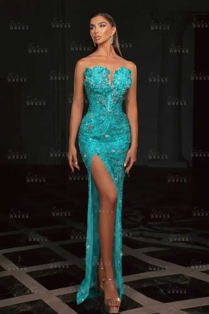 Gold Strapless Sequins Beading Split Front Column Prom Dresses