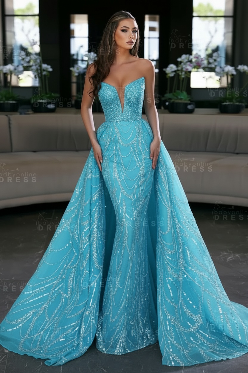 Blue Sequin Mermaid Sweetheart Prom Dresses with Overskirt