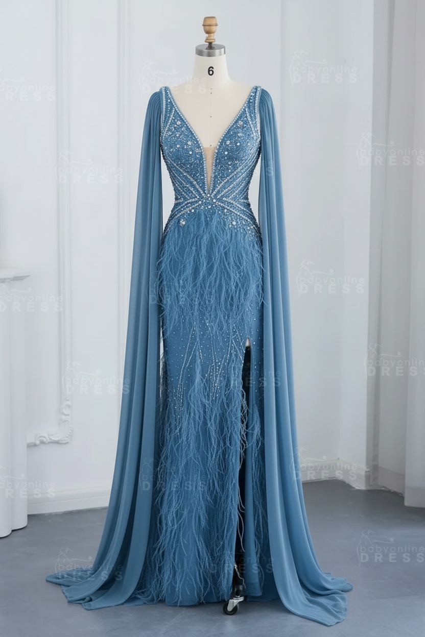 Glamorous V-Neck Fur Beadings Front Slit Mermaid Evening Gowns with Tulle with Cape Sleeves Wedding Party Dress
