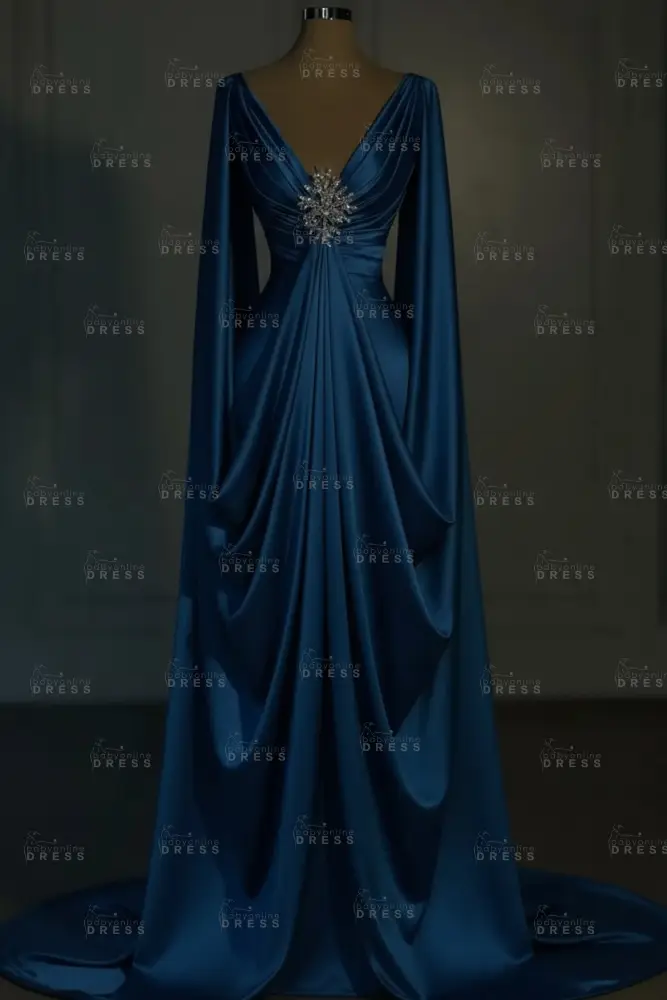 Long sleeves V-neck Satin Ruffles Mermaid Prom Dresses Floor-Length