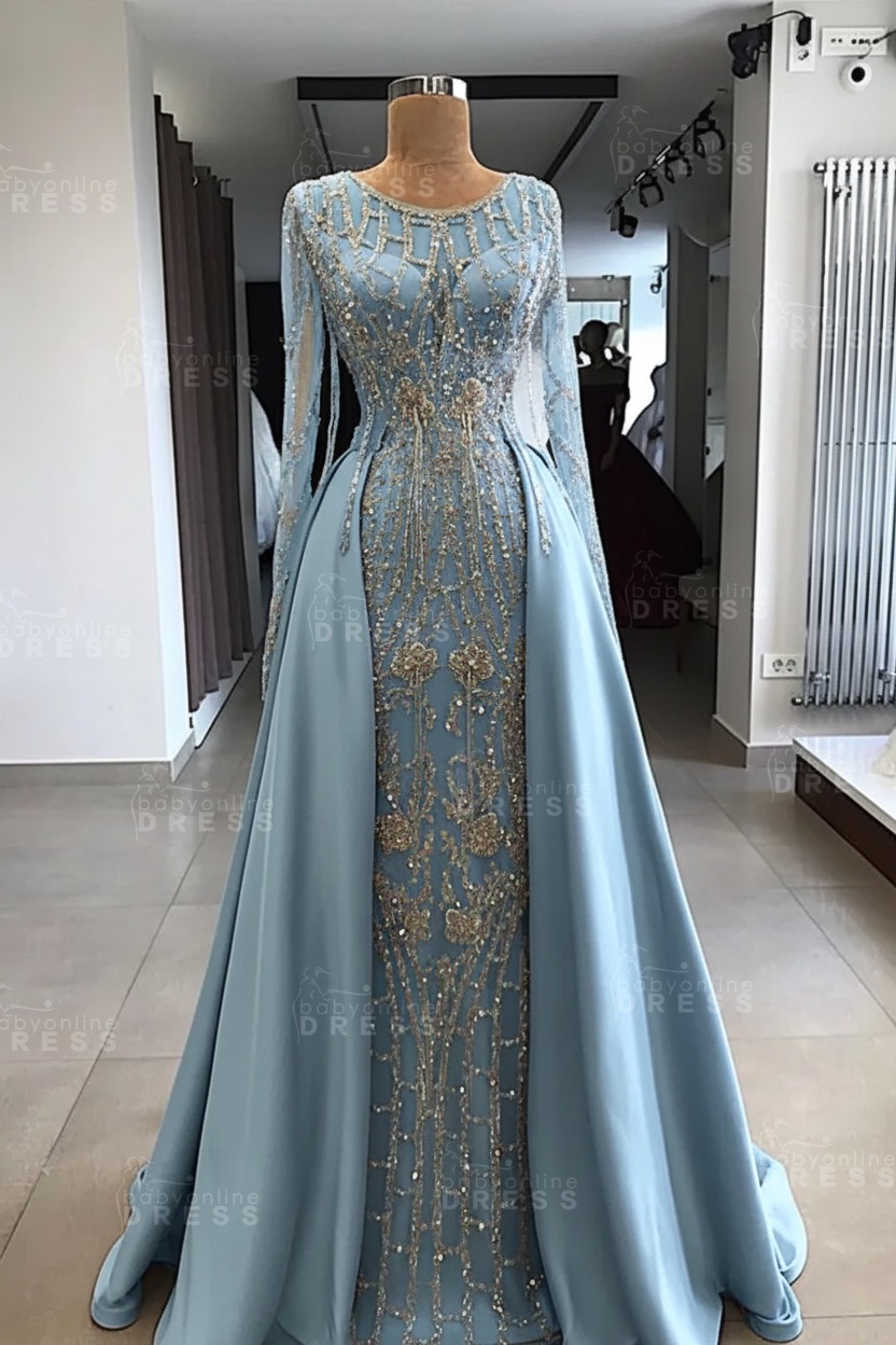 Shining Beaded Long Sleeves Round Neck Prom Dresses With Over Skirt | A Line Evening Gowns