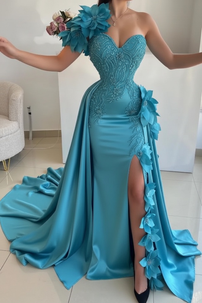 Flowers One shoulder Mermaid Long Prom Dresses with High Split
