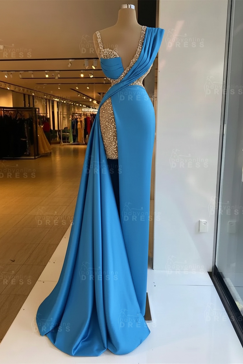 Luxury Satin Prom Dress Sleeveless with Sequins Sleeveless Evening Gown