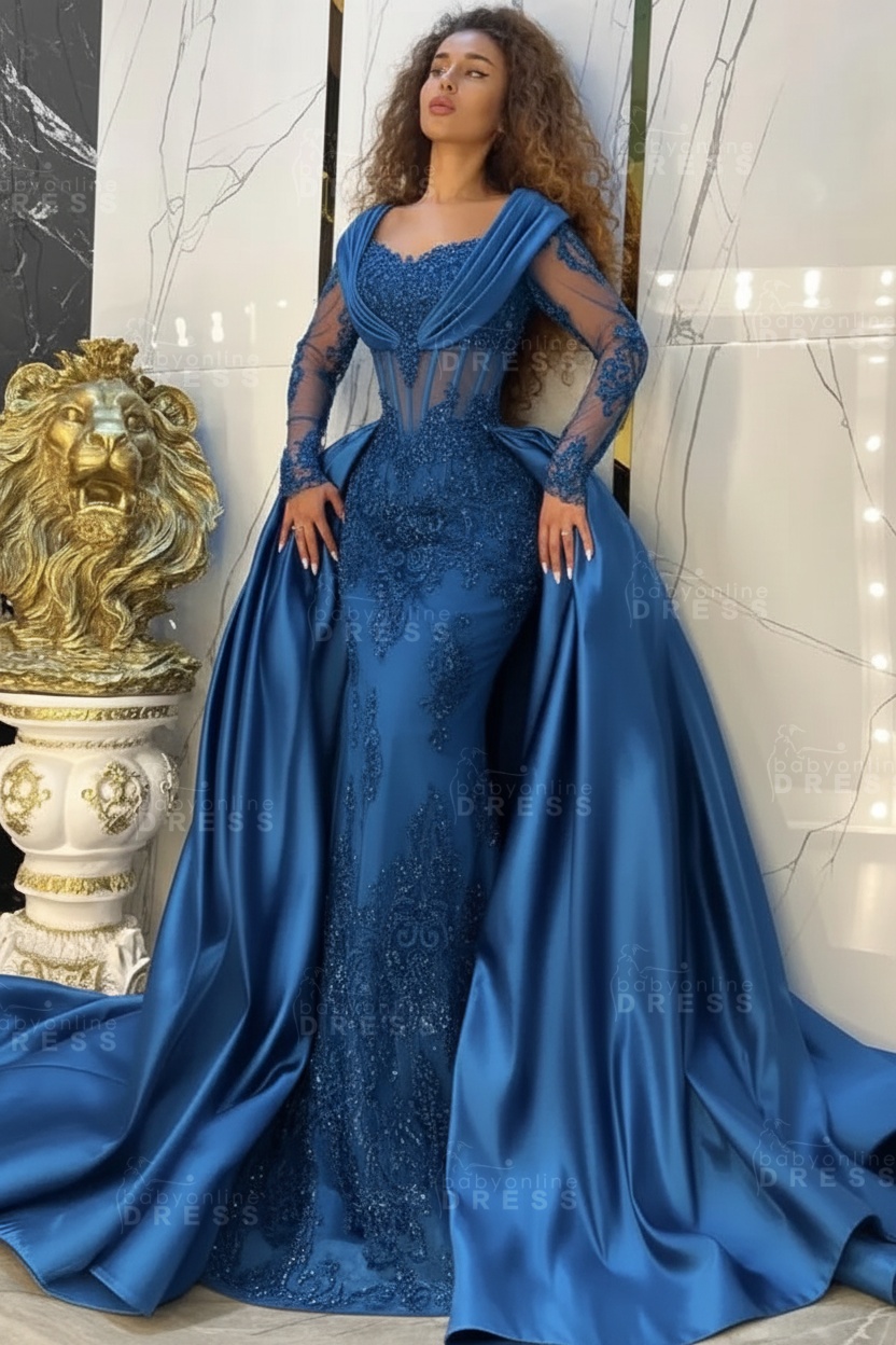 Gorgeous Sweetheart Appliques Lace A-Line Prom Dresses Long Sleeve Chapel Train