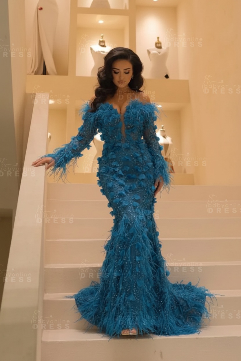 V-neck Long Sleeves Mermaid Evening Dresses Floor Length with Flowers
