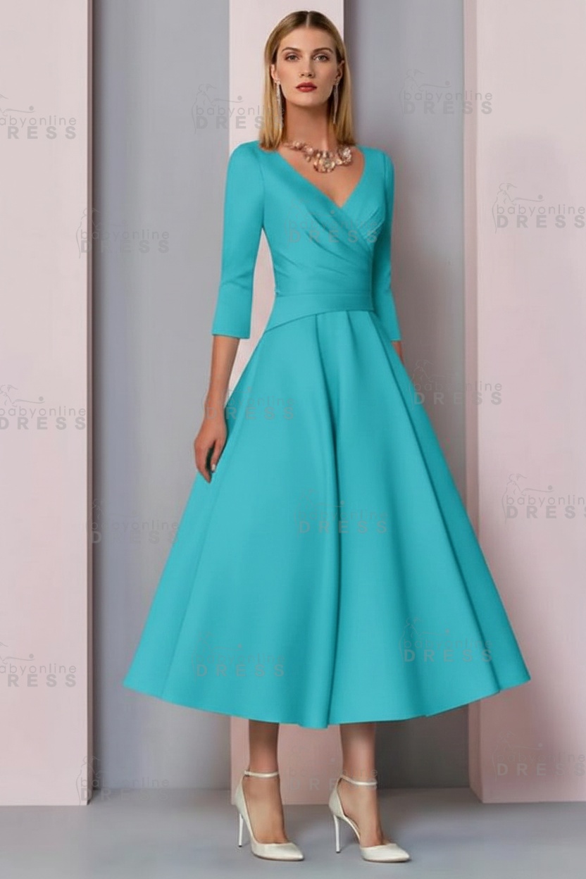 Half Sleeves White Ankle Length Mother of the Bride Dress V-Neck Satin Wedding Guest Dress