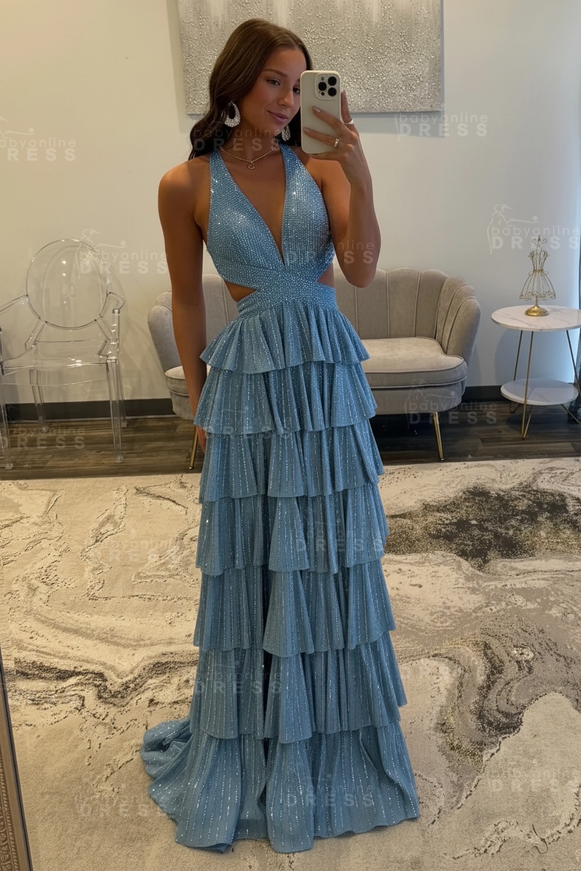Halter Aline Prom Dress Sequined V-Neck High Split Evening Dress Long