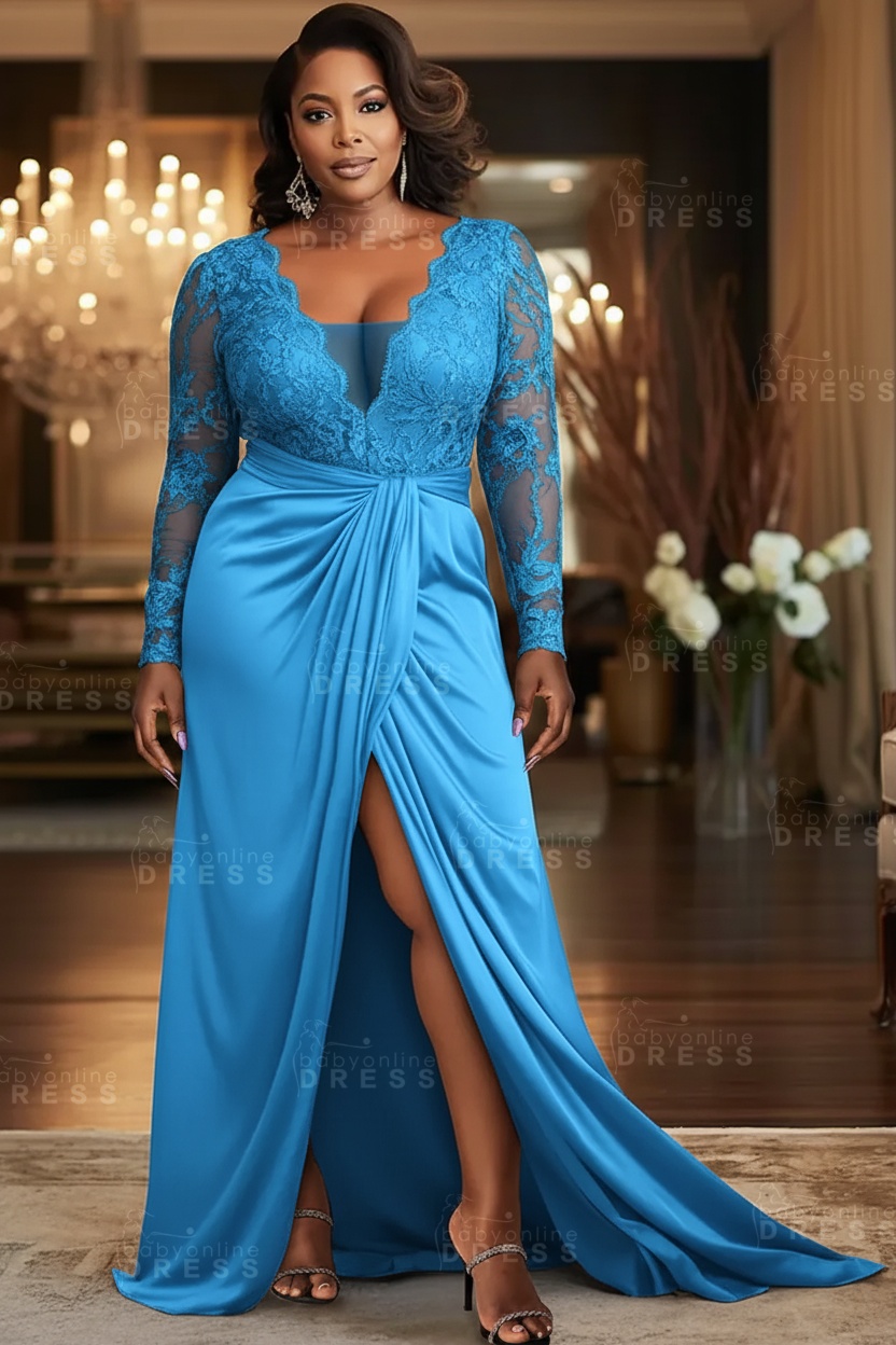 V-neck Appliques Lace Long Sleeve A-Line Prom Dresses with Slit