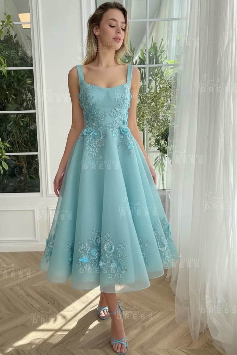 Burgundy Ankle length square neck Homecoming Dress Tulle Aline Formal Dress