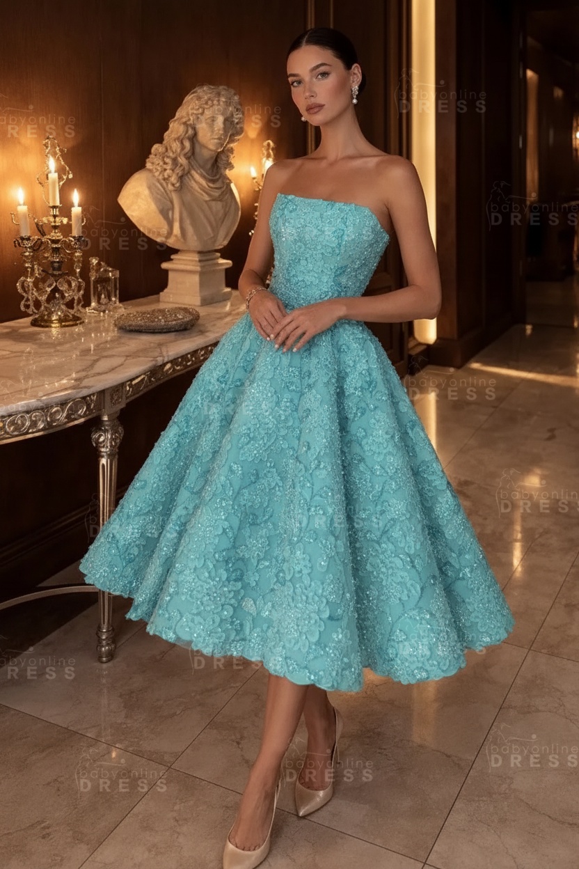 Strapless Yellow Floral A-Line Tea Length Prom Dress with Beadings