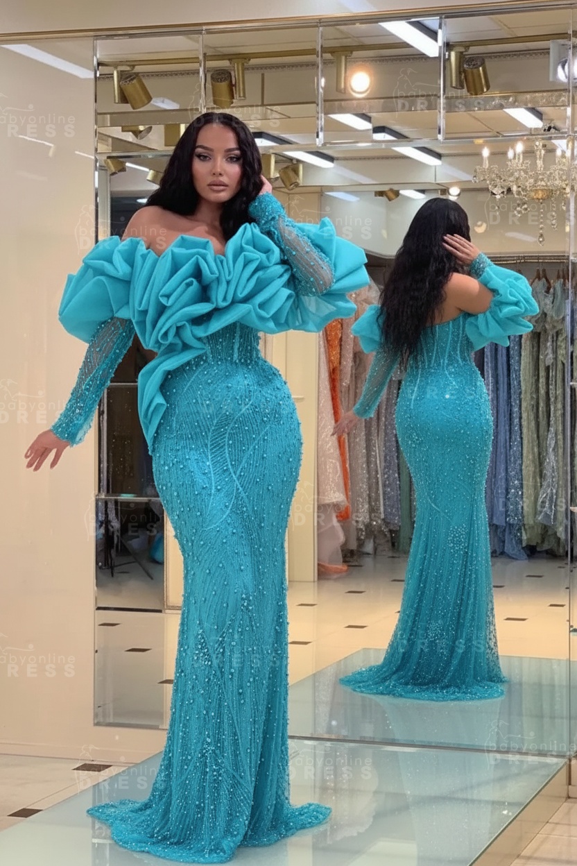 Bubble Sleeves Long Mermaid Prom Dress with Sequins and Beadings