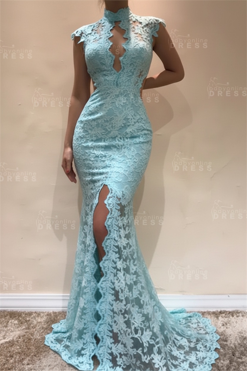 Sleeveless Front Split Evening Dresses | Black High Neck Lace Sexy Prom Dresses