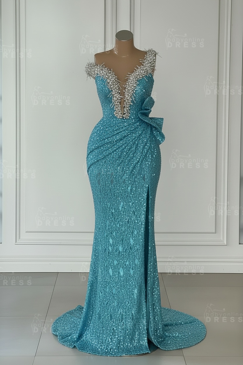 One Shoulder Sequins Sleeveless Long Mermaid Prom Dress