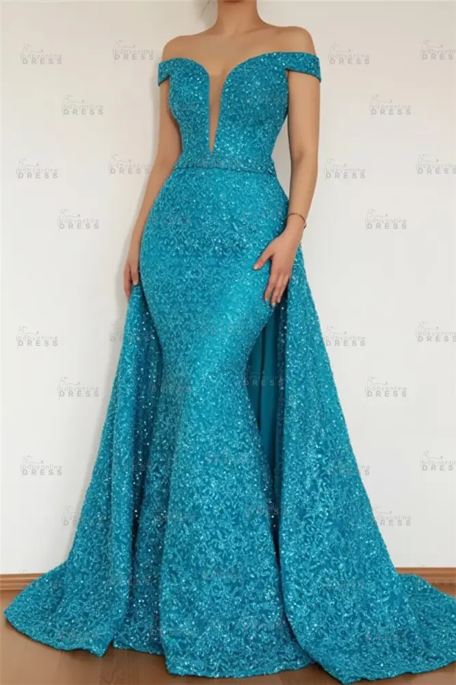 Burgundy Glamorous Mermaid Off The Shoulder Lace Appliques Prom Dress With Detachable Skirt