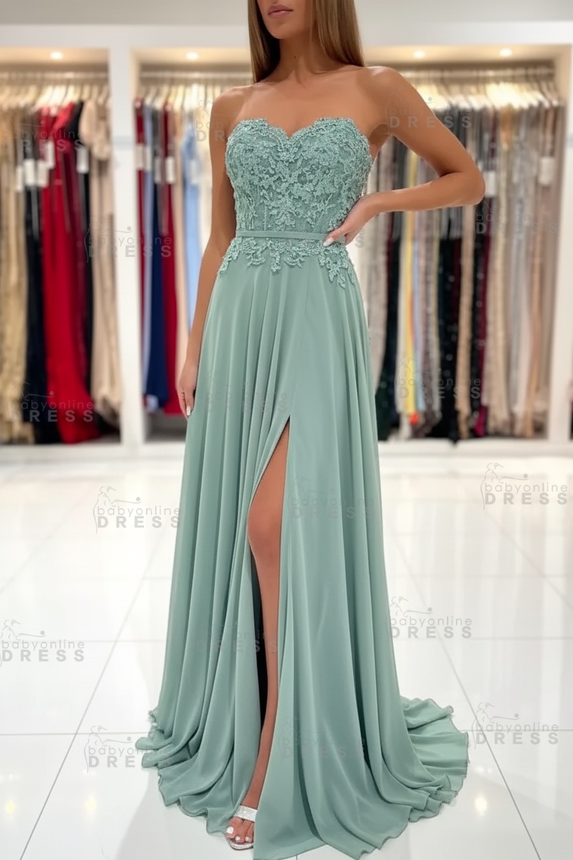 Sweetheart Strapless A-Line Chiffon Floor Length High Split Prom Dress