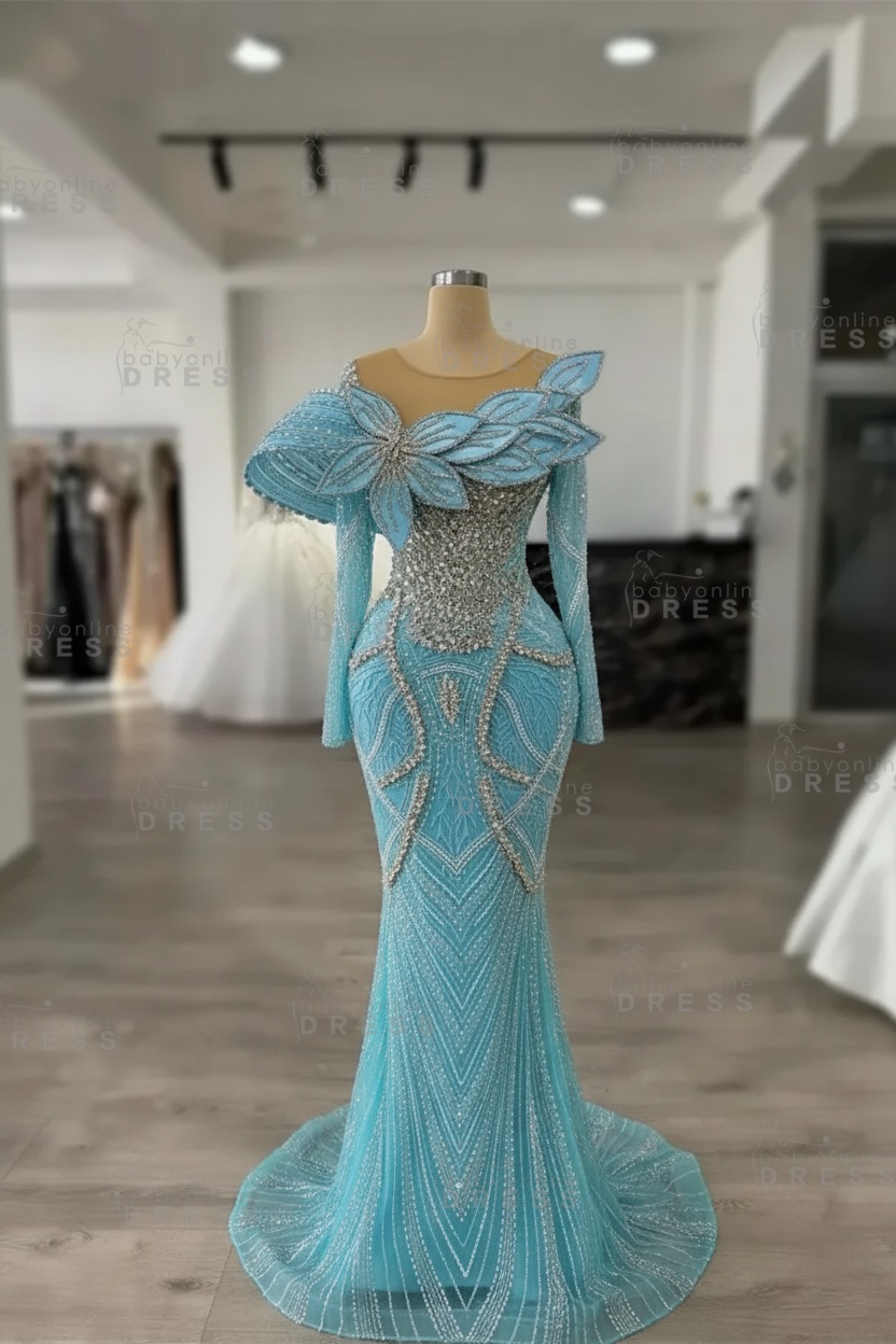 Luxury Crystals Long Sleeves Floor-Length Mermaid Prom Dress with Flowers 