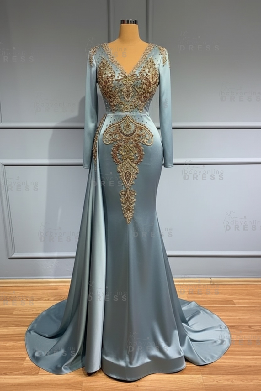 Glamorous V-Neck Long Sleeves Mermaid Prom Dress with Crystals