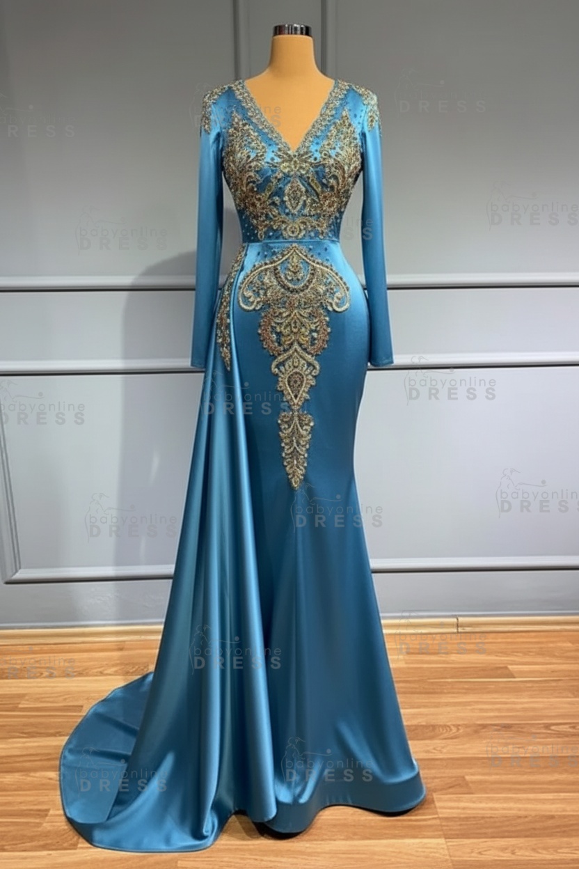 Glamorous V-Neck Long Sleeves Mermaid Prom Dress with Crystals