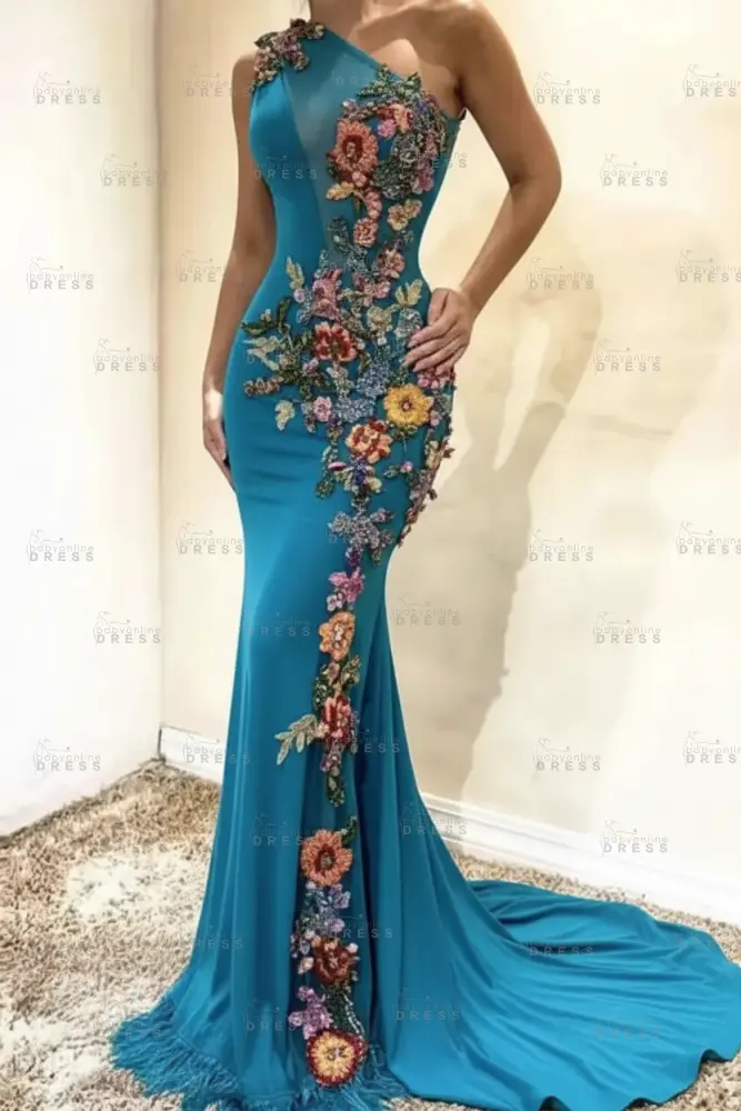 Amazing One-Shoulder Floral Pattern Beadings Floor-Length Mermaid Prom Dress 